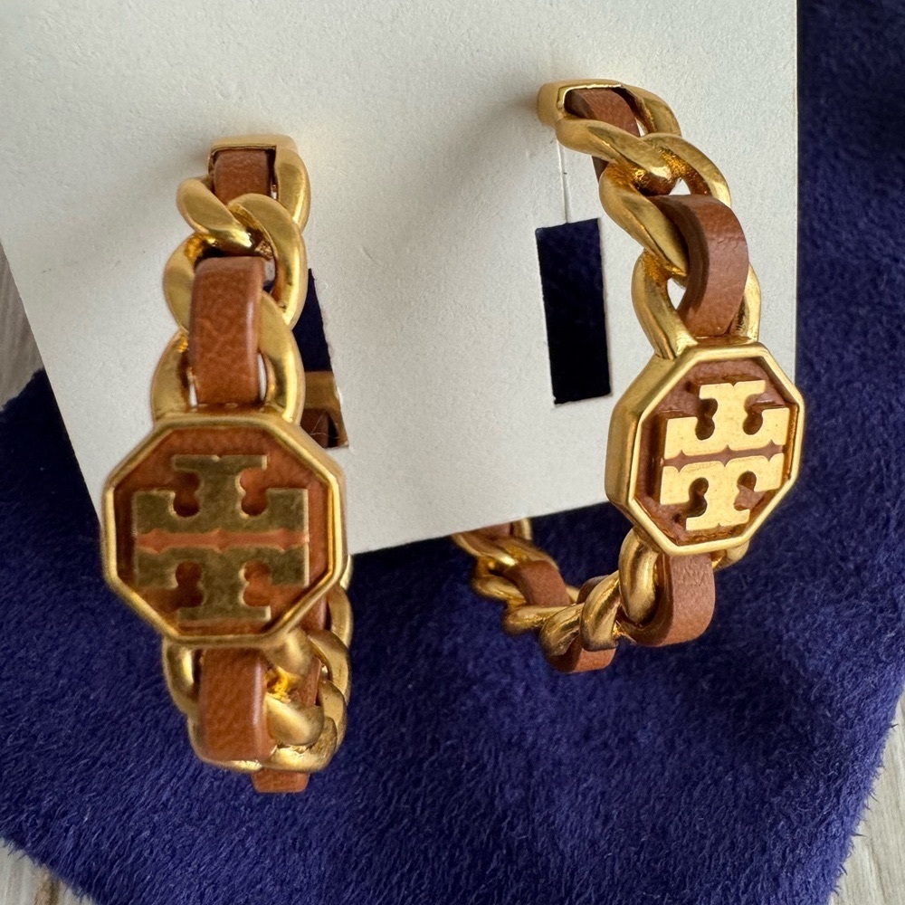 TORY BURCH : Marion woven chain hoop earring , Gold/Brown leather